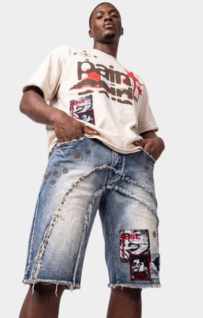 Makobi Dolore Pain Denim Shorts paired with matching Pain Tee.