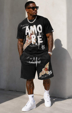 Makobi urban fashion black shirt with oversized AMORE graphic with matching shorts. 