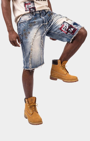 Vintage wash finish on Makobi Dolore Pain Denim Shorts.