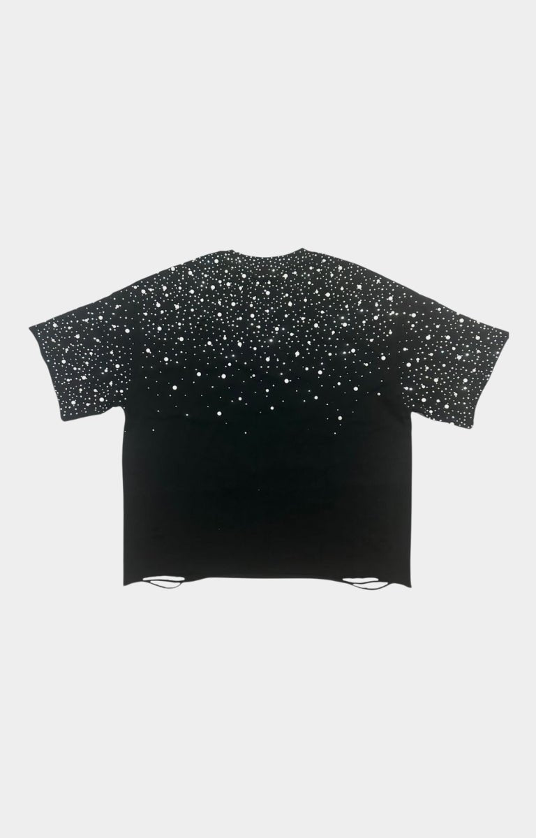Back view of The Masque Black Cropped Tee with all-over rhinestone star pattern.