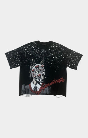 Front view of The Masque Black Cropped Tee with masked dog rhinestone graphic.