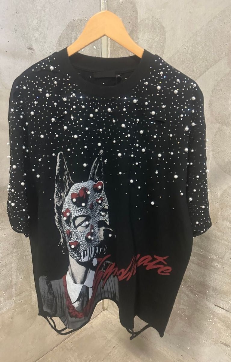 Detail shot of rhinestone and pearl embellishments on The Masque Black Cropped Tee.