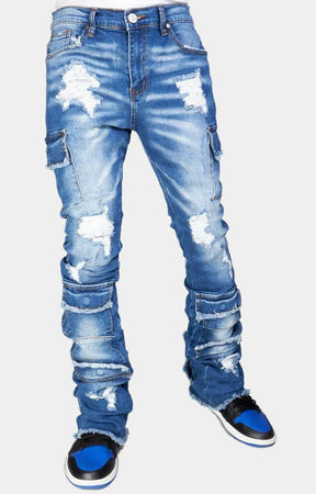 NME blue washed stacked cargo jeans front view
