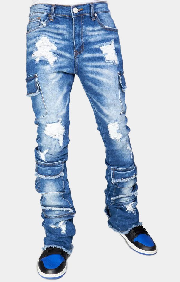 NME blue washed stacked cargo jeans front view