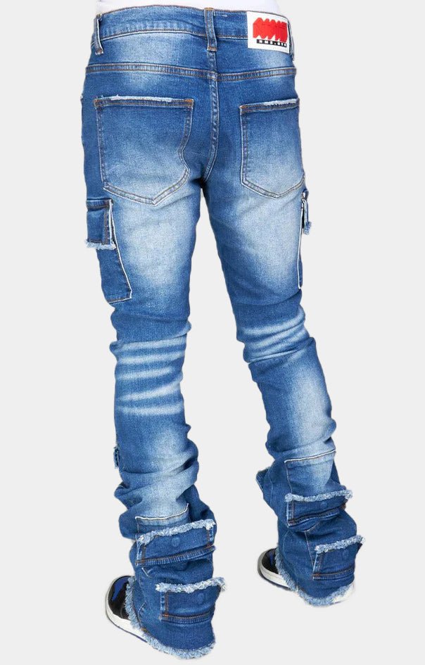 NME blue washed stacked cargo jeans back view. 