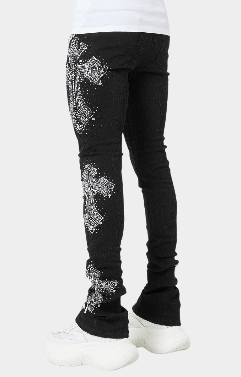 Men’s luxury streetwear black denim jeans with rhinestones.