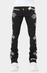 Front view of Obsidian Black Distressed Cross Denim stacked skinny jeans.