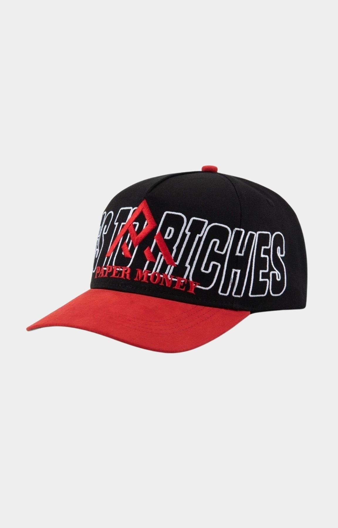 Paper Money hat featuring large red embroidered A logo side view. 