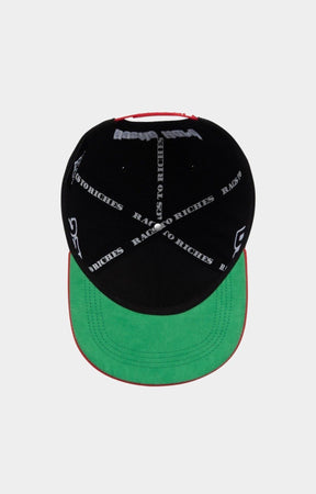 Adjustable red snapback closure on Paper Money hat.