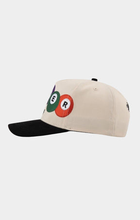 Close-up of embroidered billiard ball graphics on Paper Money Pool Shark Hat.