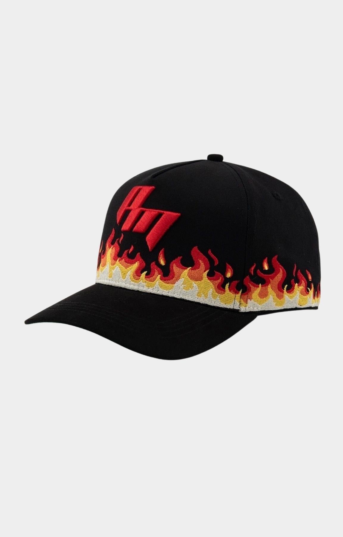 Angled view of Paper Money black snapback hat with flame graphics.