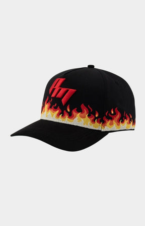 Angled view of Paper Money black snapback hat with flame graphics.