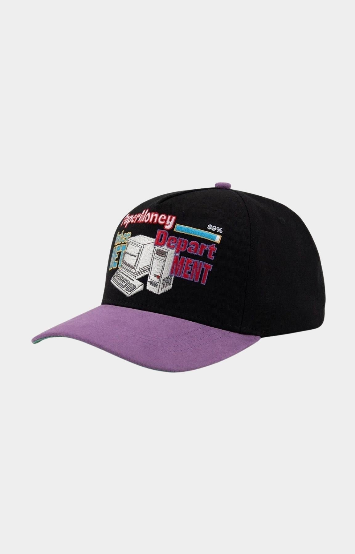 Close-up of embroidered retro computer graphic on Paper Money Internet Hat.