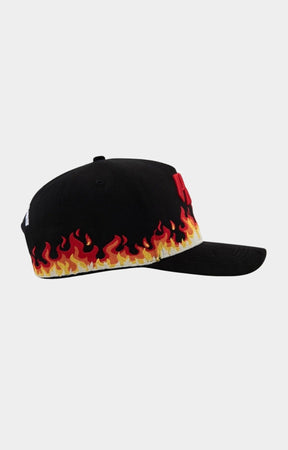 Paper Money snapback hat featuring embroidered flame visor design.