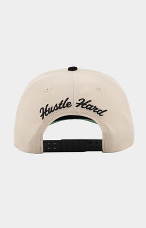 Back view of Paper Money Pool Shark Hat with Hustle Hard embroidery.