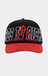 Paper Money Hustle Hard black and red snapback hat front view.
