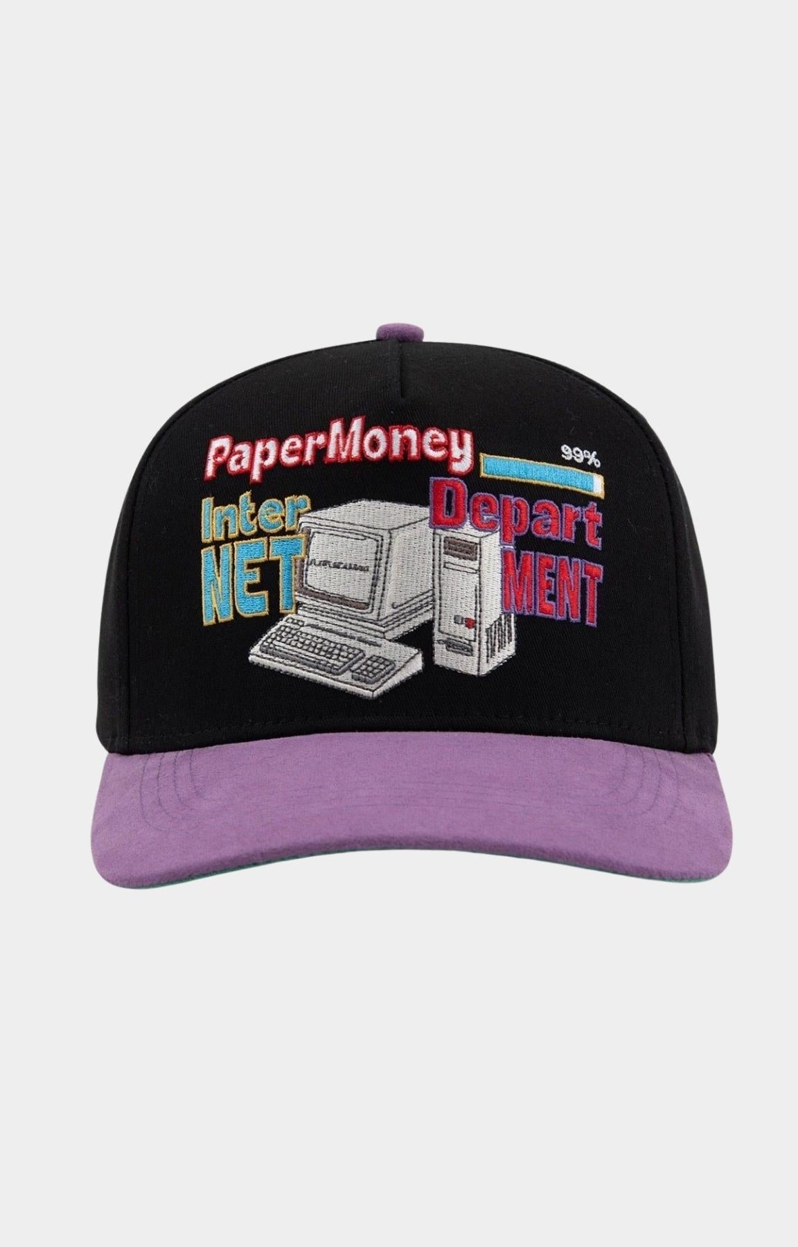 Paper Money Internet Hat in black with retro computer embroidery front view.