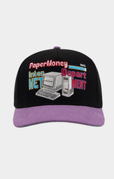 Paper Money Internet Hat in black with retro computer embroidery front view.