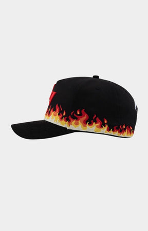 Angled view of Paper Money black snapback hat with flame graphics.