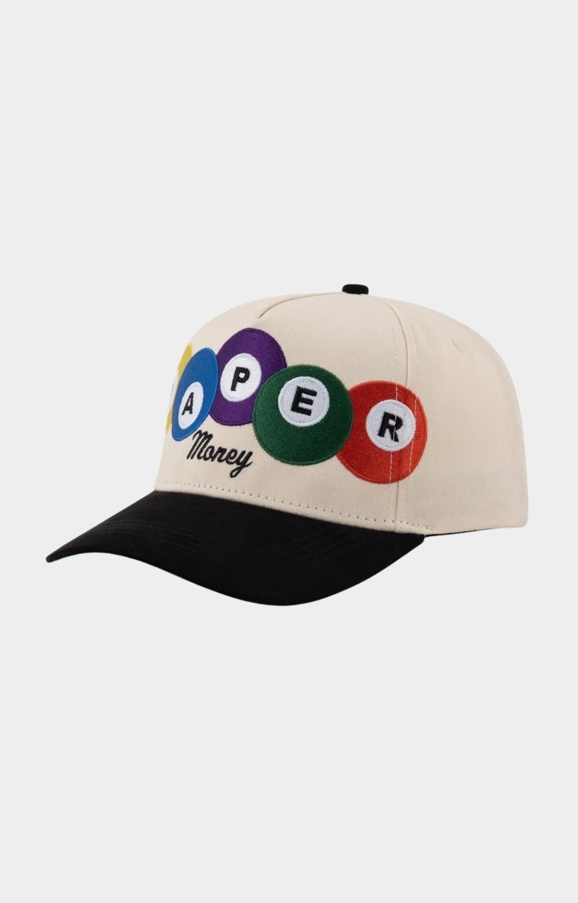 Angled view of Paper Money Pool Shark cream snapback hat.
