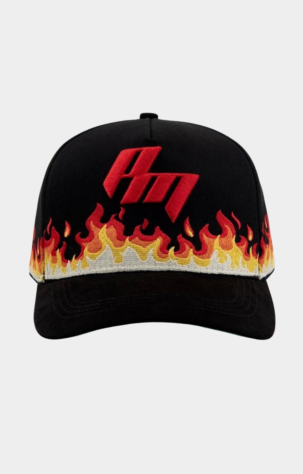 Paper Money Rags To Riches Flames Hat Black front view with embroidered PM logo.
