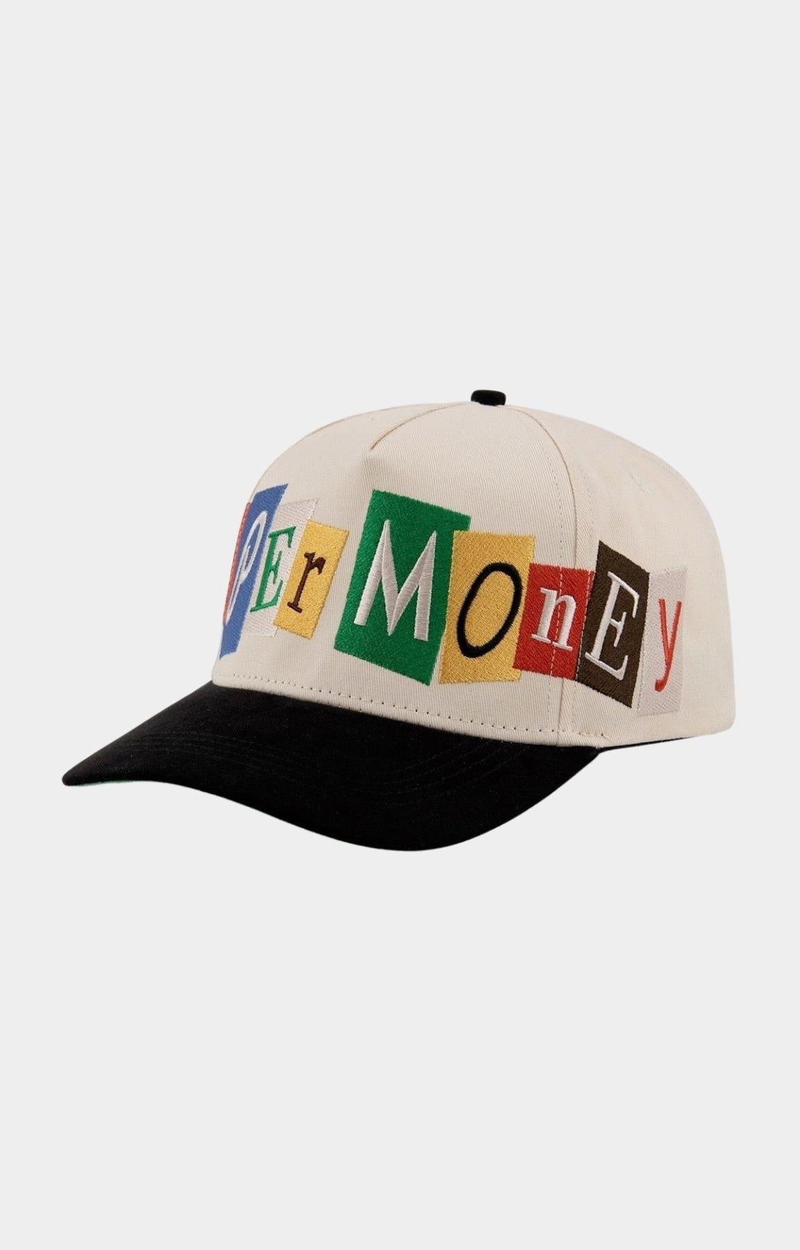 Angled view of Paper Money Ransom cream snapback hat.