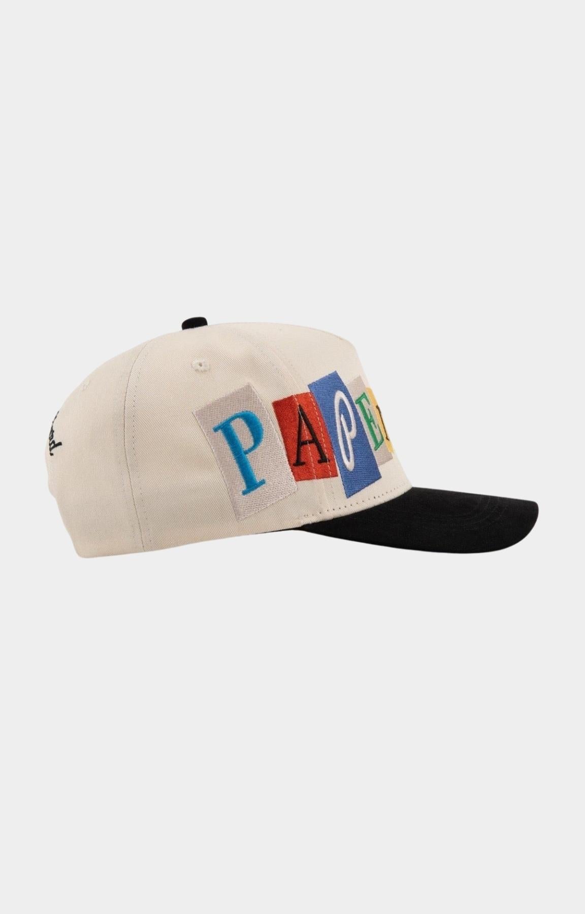 Side profile of Paper Money Ransom cream streetwear hat.