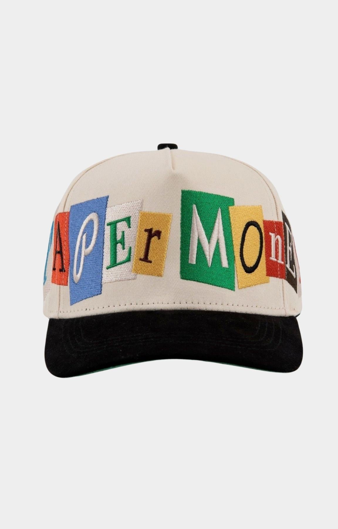 Paper Money Ransom embroidered snapback hat in cream front view.