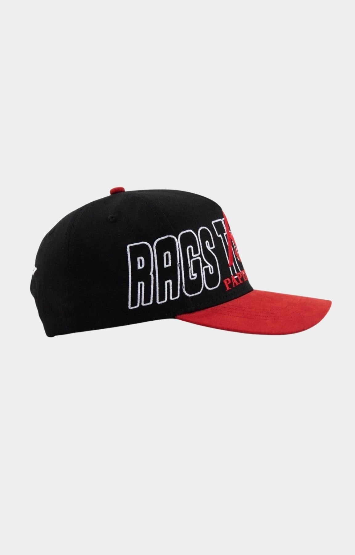 Paper Money streetwear cap with red flat bill and green underbrim.