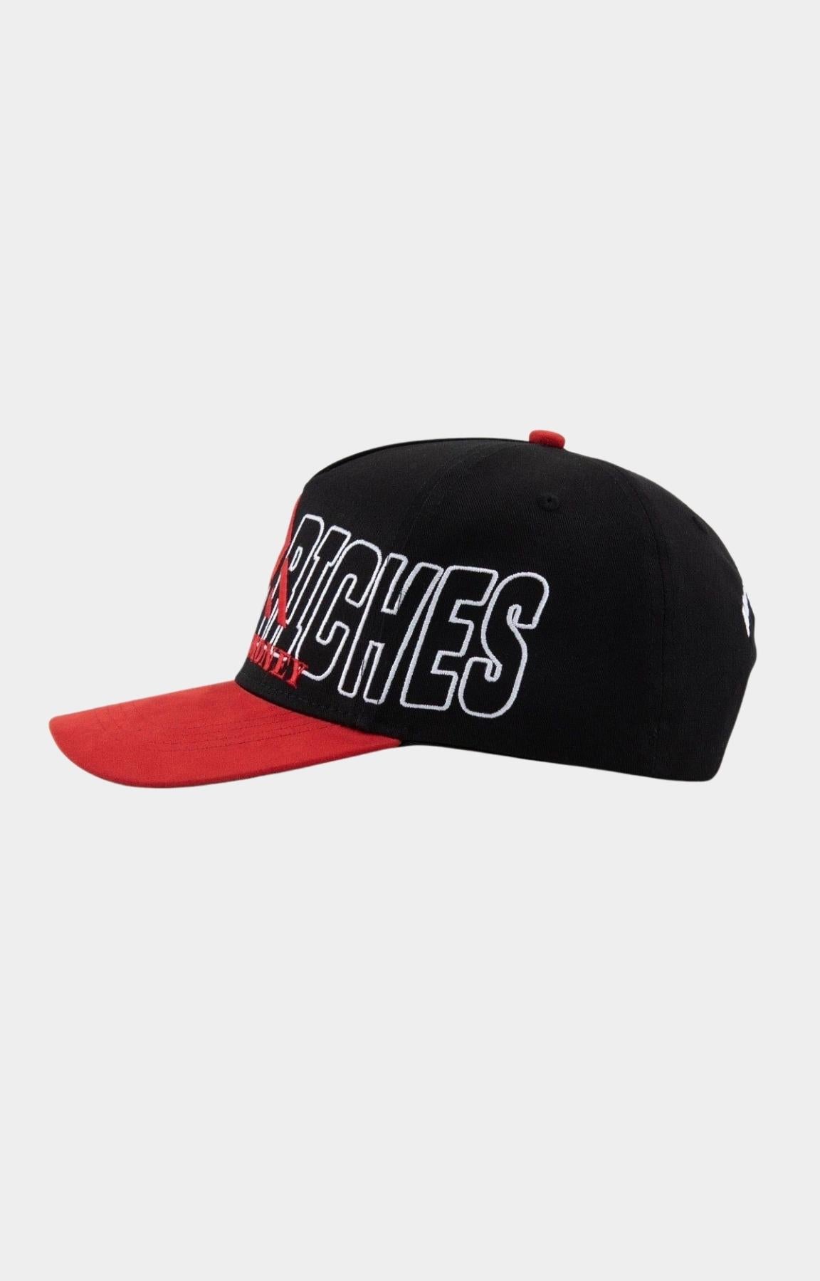 Side view of Paper Money snapback with white outline embroidery.