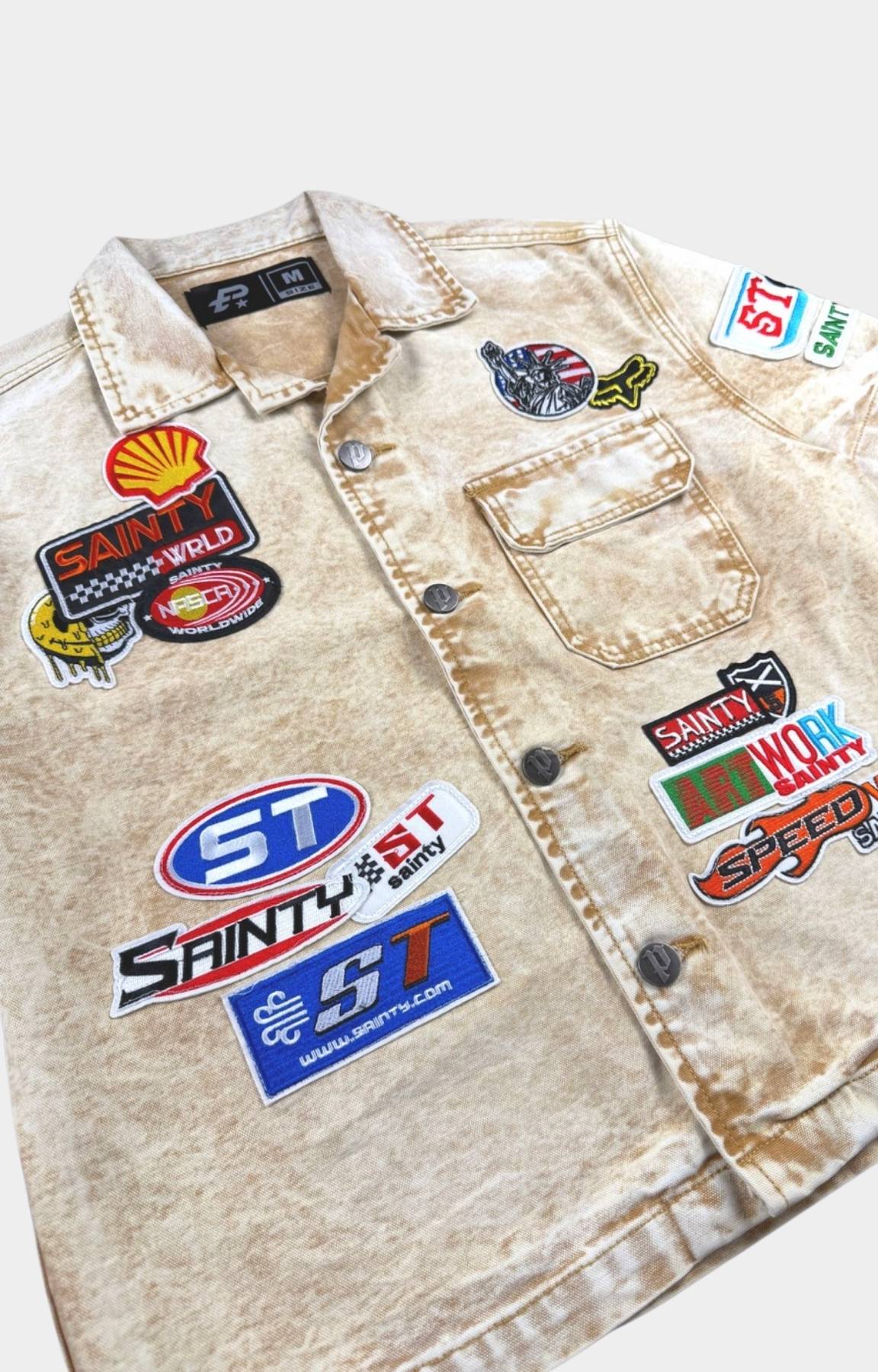 Politics racing-inspired embroidered patch denim button-up shirt.