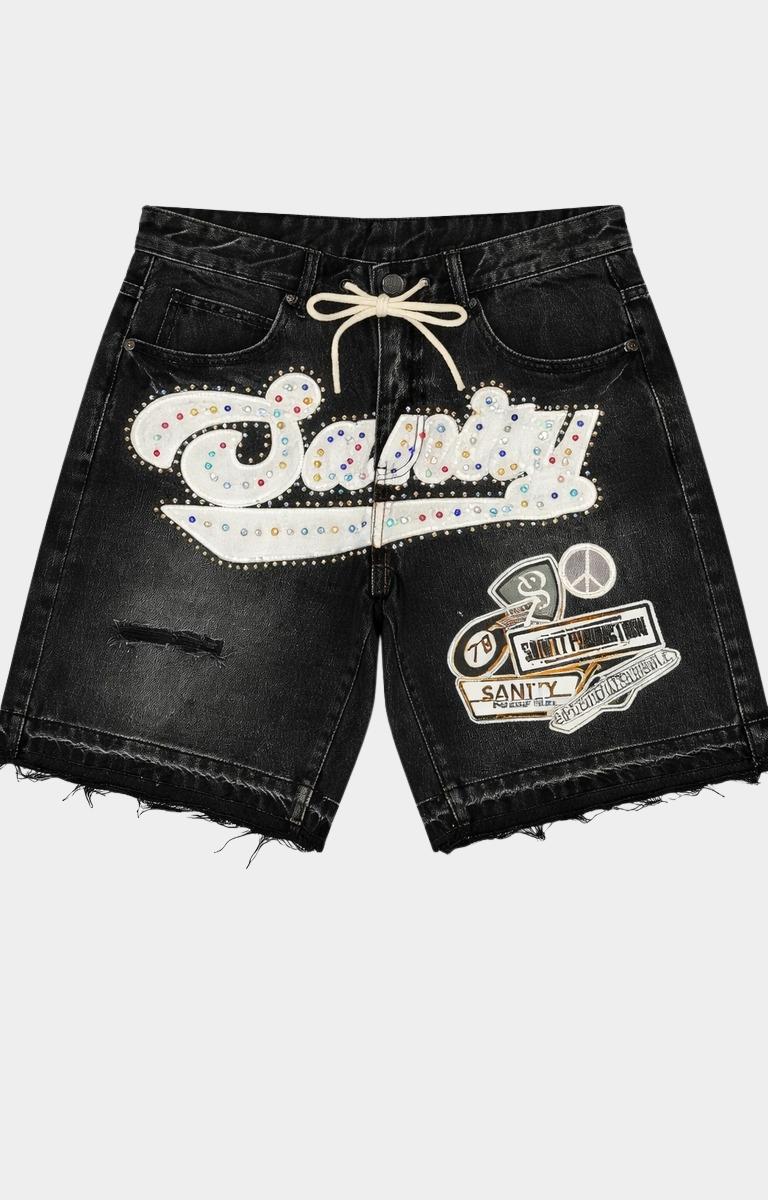 Politics Sanity Rhinestone Denim Shorts Black Wash front view.