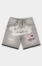 Politics Sanity Rhinestone Denim Shorts Grey front view.