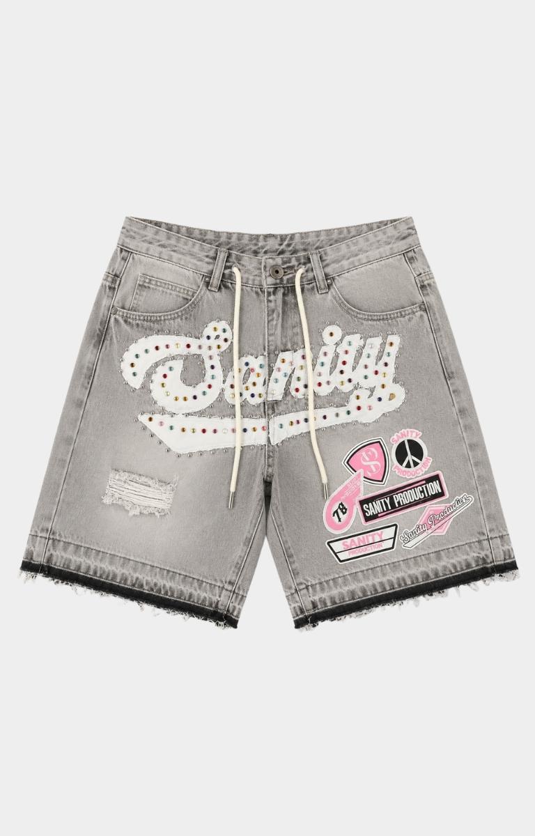 Politics Sanity Rhinestone Denim Shorts Grey front view.
