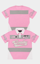 Politics Sanity Rhinestone Polo Shirt Pink and White front view.