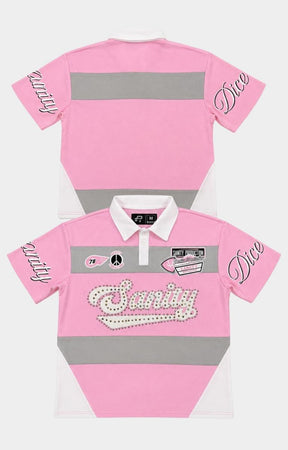 Politics Sanity Rhinestone Polo Shirt Pink and White front view.