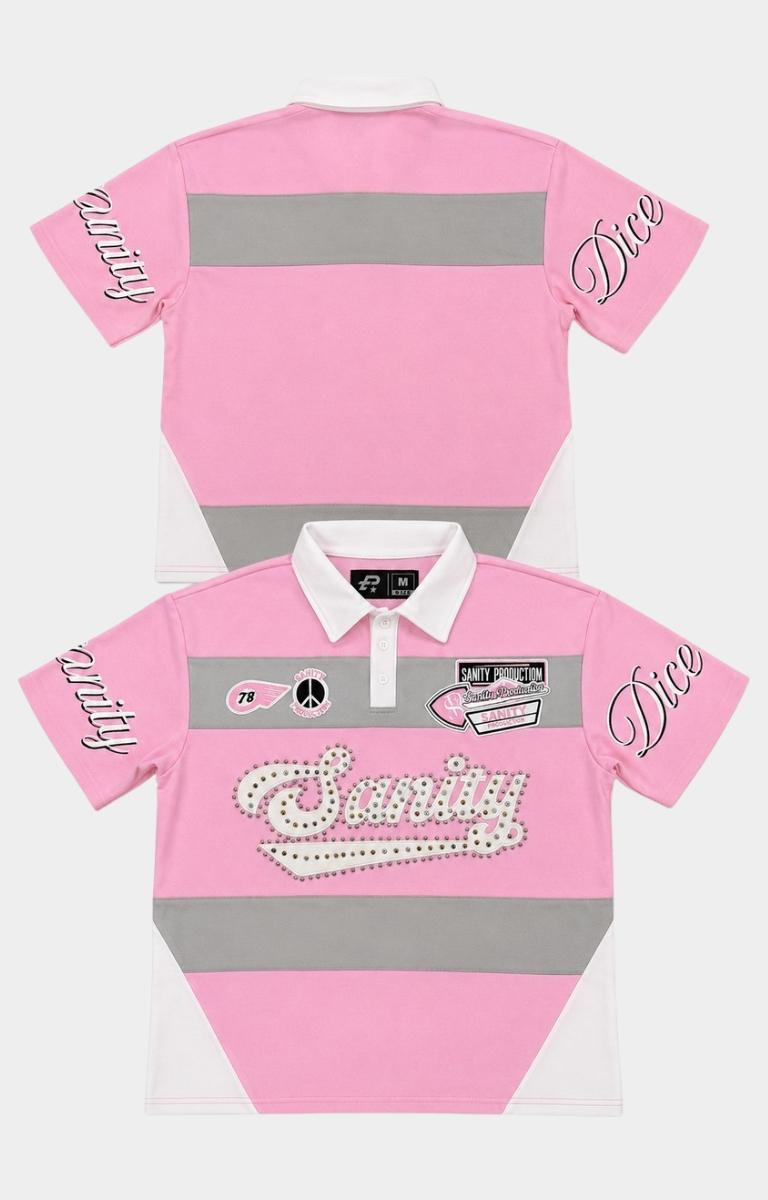 Politics Sanity Rhinestone Polo Shirt Pink and White front view.