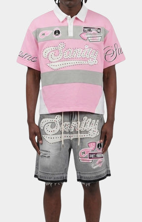 Full outfit featuring Politics Sanity Rhinestone Polo Shirt Pink and White.
