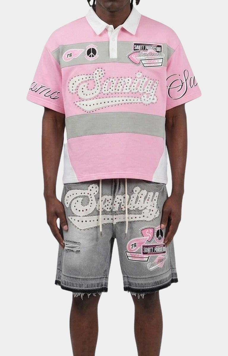 Full outfit featuring Politics Sanity Rhinestone Polo Shirt Pink and White.