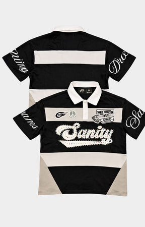 Politics Sanity Rhinestone Rugby Polo Shirt Black front view.