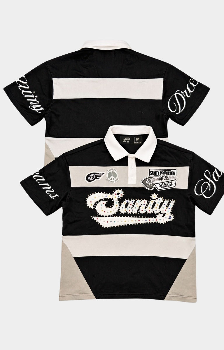 Politics Sanity Rhinestone Rugby Polo Shirt Black front view.