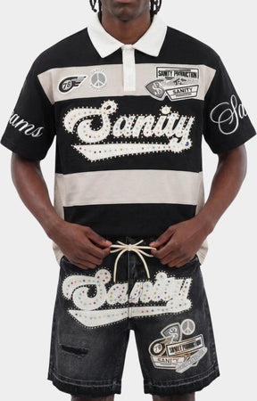 Full outfit featuring Politics Sanity Rhinestone Rugby Polo Shirt Black.