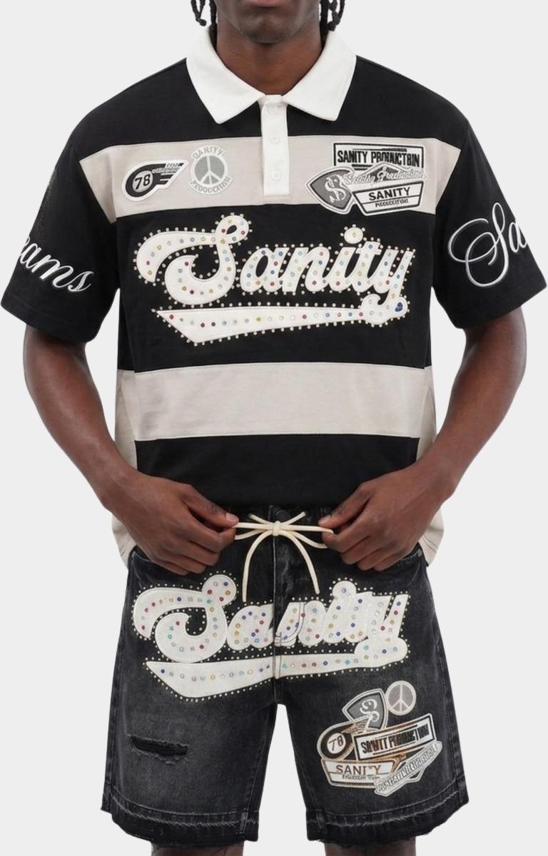 Full outfit featuring Politics Sanity Rhinestone Rugby Polo Shirt Black.