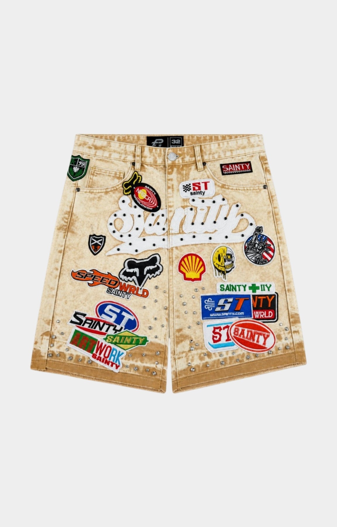 Politics SPR 93 khaki wash denim shorts with embroidered patches and rhinestones.