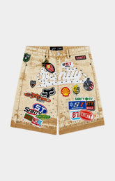Politics SPR 93 khaki wash denim shorts with embroidered patches and rhinestones.