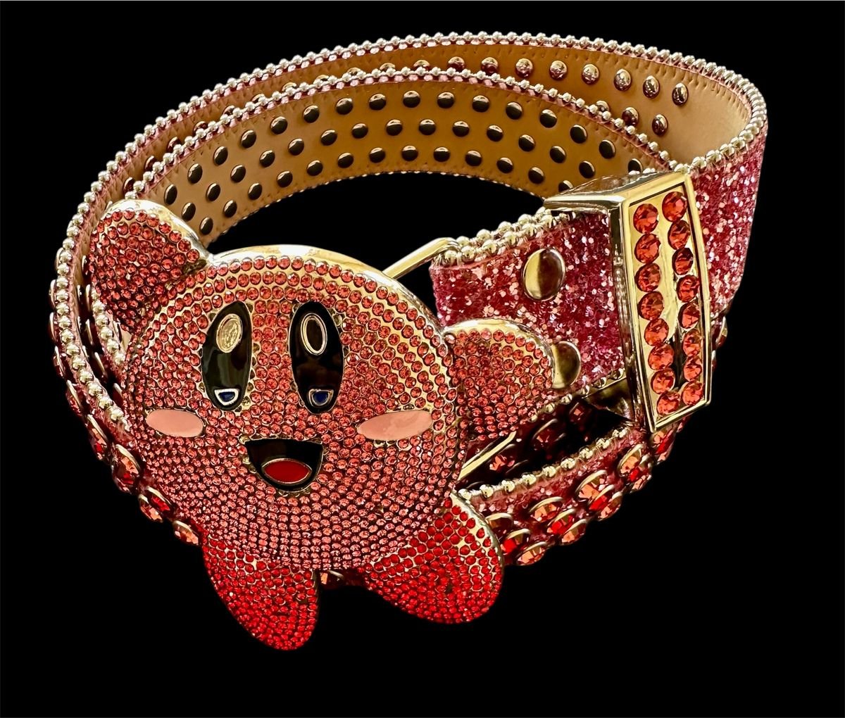 Front view of Post Human Mr. Pink Belt with crystal-encrusted buckle