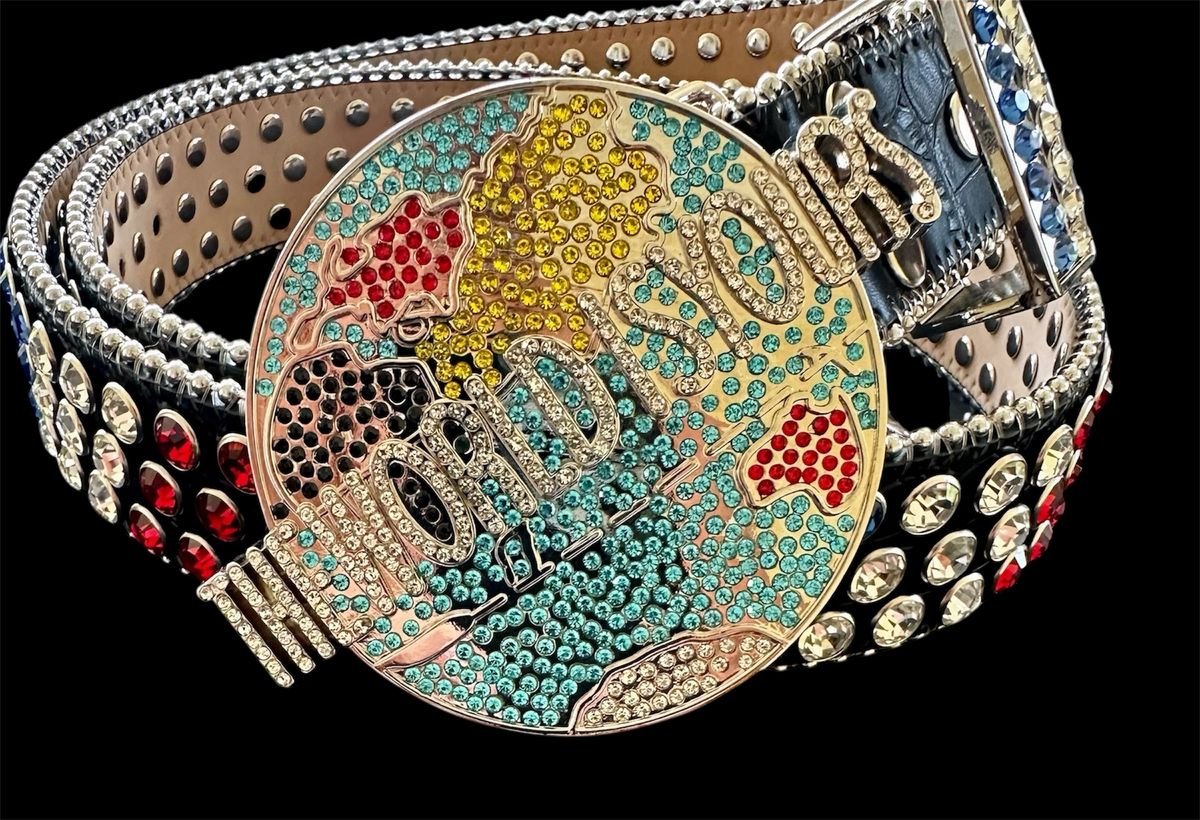 Front view of Post Human World Is Yours Belt with multicolor crystal globe buckle