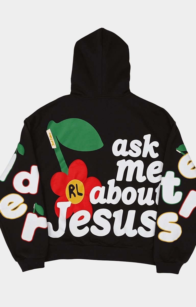 Back graphic view of Ask Me About Jesus Scattered zip hoodie.