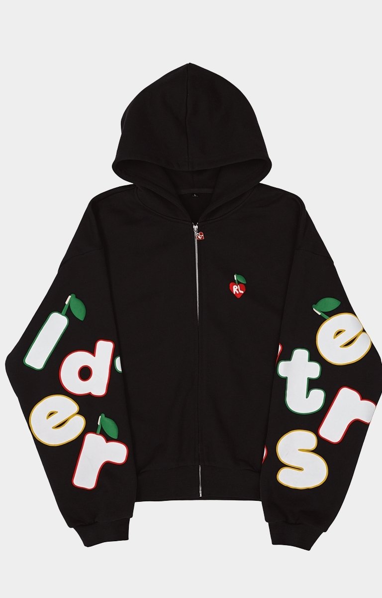 Red Letters Ask Me About Jesus zip up hoodie front view oversized fit.