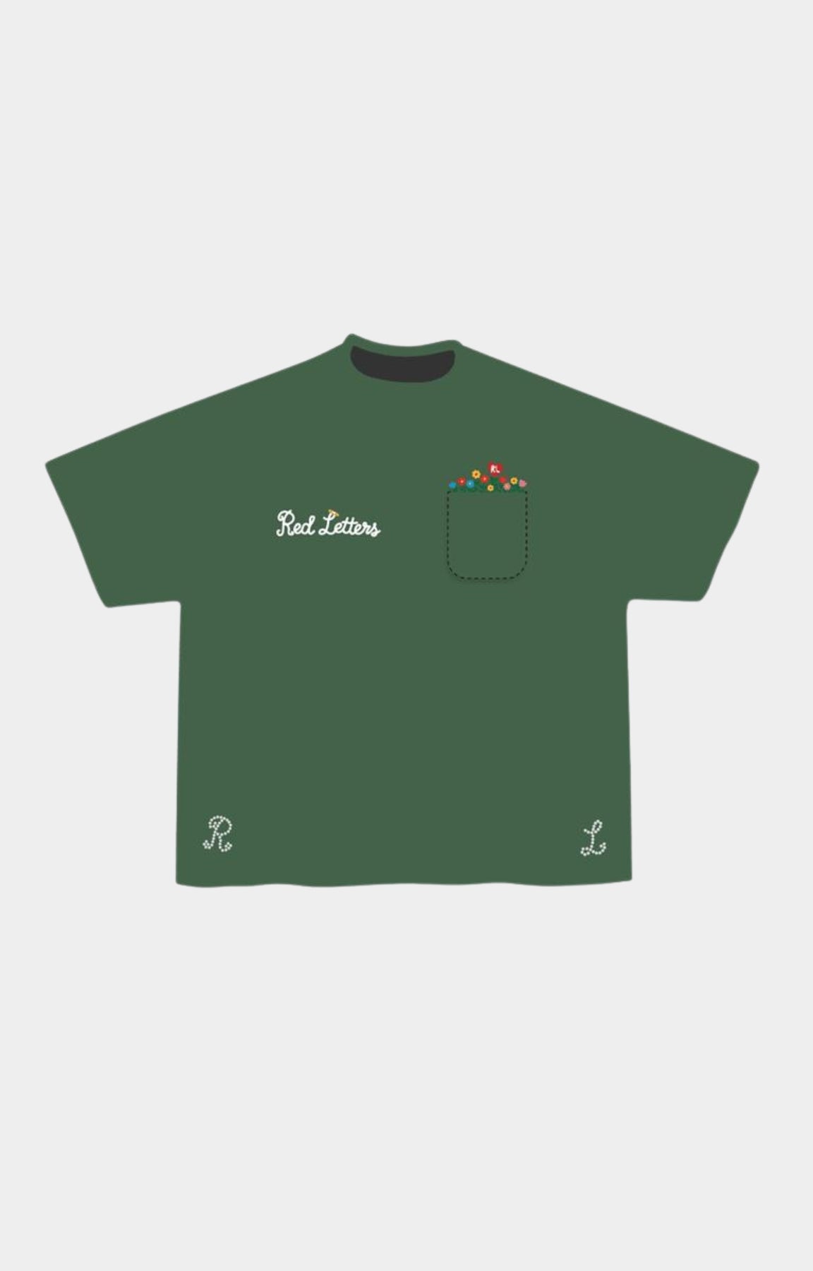 Red Letters At The Garden pocket tee in green front view.